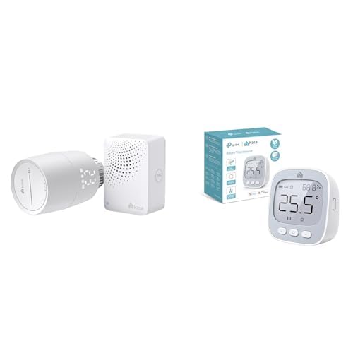 TP-Link Kasa KE100 KIT + KE110 Heizkörperthermostat – Set. Weiße, kompakte Thermostate regeln Raumtemperatur an Heizkörpern.