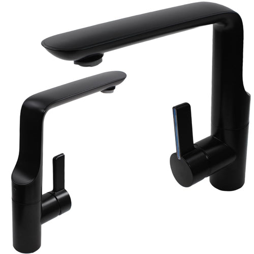 Comet Modena Wasserhahn Einhebelmischer – Schwarz matt mit Schalter. Gebogener Auslauf. Mischt Warm-/Kaltwasser und aktiviert die Tauchpumpe für Wohnwagen/Wohnmobil.