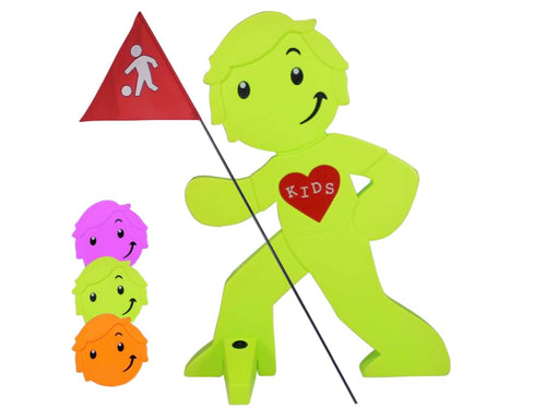 StreetBuddy Warnfigur mit Fahne – Kindersicherheit Warnaufsteller Grün
