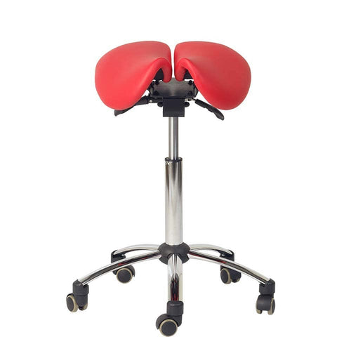 Teqler Sattelhocker, ergonomischer Arbeitsstuhl für Praxis – Rot. Roter Sattelhocker zur ergonomischen Unterstützung bei der Arbeit in Praxen.