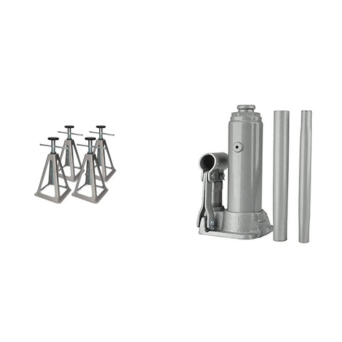 cartrend Caravan Stützbock 4er Set Alu & Hydraulik Wagenheber 2T. Vier silberne Stützböcke und ein Wagenheber heben und fixieren Caravans bis 2T.