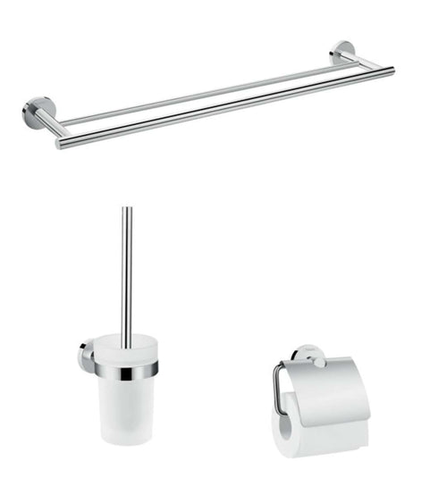 hansgrohe Logis Universal Bad Zubehör Set - 3-teilig Chrom. Für die Wandmontage im Badezimmer zur Organisation von Handtüchern und Badartikeln.