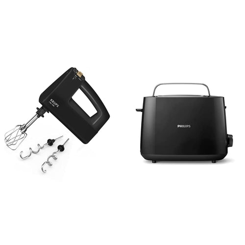 Krups 3 MIX 7000 F60858 Handmixer und Philips Toaster – 2 Schlitze, Brötchenaufsatz, Schwarz.