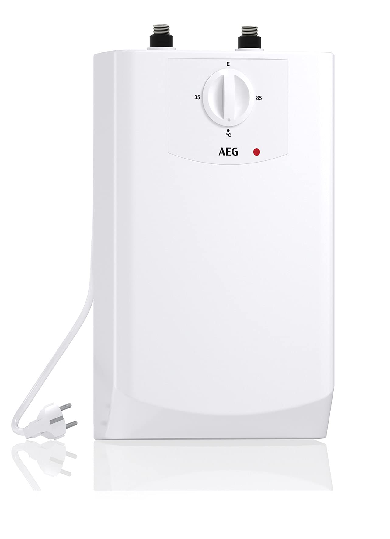AEG BOI 5 U Untertischboiler – 5L Niederdruck mit Stecker. Weißer Quader, erwärmt Wasser für ein Waschbecken.