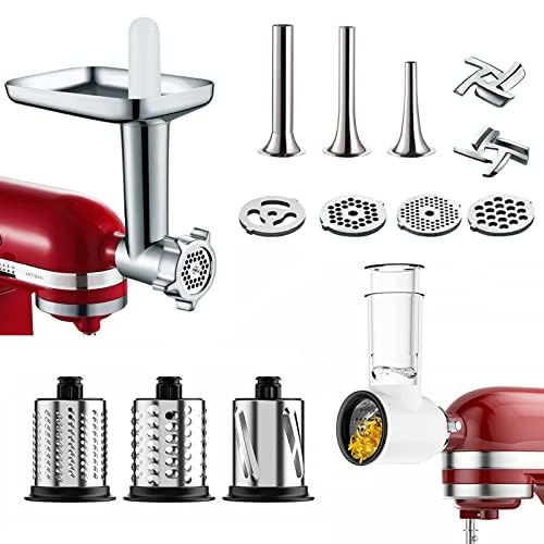 COFUN Zubehör Set für KitchenAid – Fleischwolf & Gemüseschneider: Silberne Aufsätze. Zerkleinert Fleisch, schneidet/raspelt Gemüse an KitchenAid Küchenmaschinen.