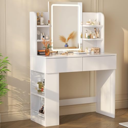 Devoko Schminktisch mit LED Spiegel, weiss – 2 Schubladen, 4 Ablagen