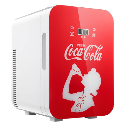 °CUBES Coca-Cola Minikühlschrank 9,3L – Glasdruck LCD. Roter 9,3L Kühlschrank mit Coca-Cola Logo und Glasdruck-LCD-Front. Kühlt Getränke.