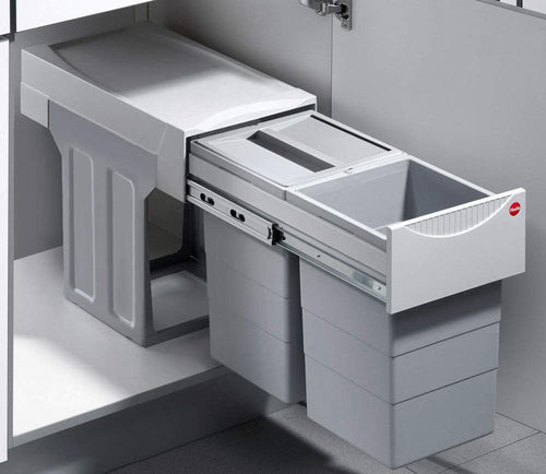 Hailo TA Swing 30.2/30 Tandem Abfallsammler 2x 15 L. Graue Einheit mit zwei Behältern, für Abfalltrennung im Unterschrank.