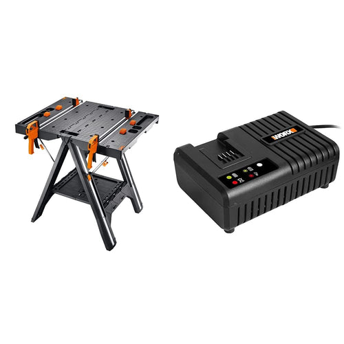 WORX Pegasus WX051 Arbeitstisch & Akku Ladegerät WA3867. Oranger Klapptisch, Sägebock; für sicheres Arbeiten mit Werkstücken.