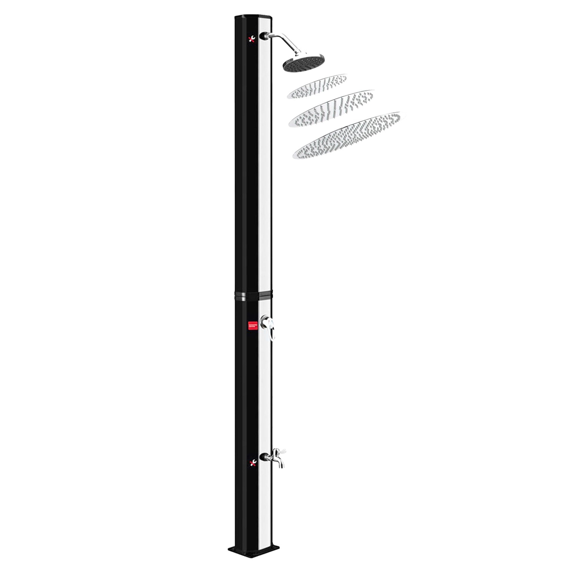 Steinkirch Solar Gartendusche 35L – Ø 300mm Edelstahl. Schlanke Edelstahlsäule nutzt Sonnenenergie zur Warmwasserbereitung für den Garten.