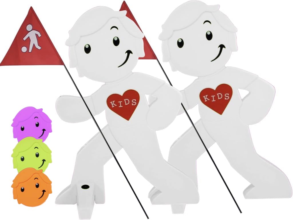 StreetBuddy Warnfigur Kindersicherheit – Achtung langsam Fahren (2er Weiss). Zwei weiße Figuren mahnen zu langsamer Fahrt.