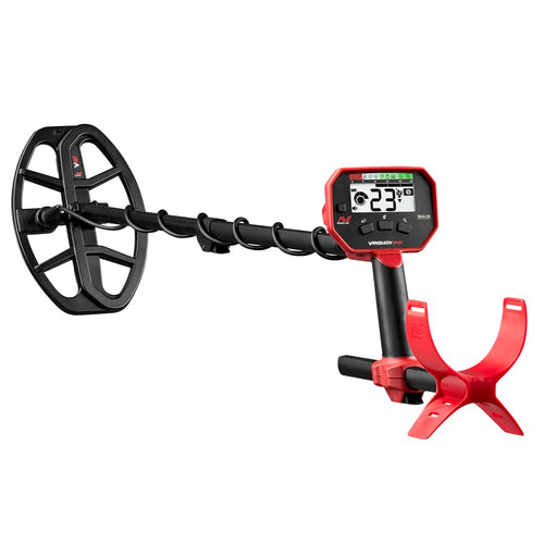 Minelab Vanquish 340 Multifrequenz Metalldetektor mit V10 DD Spule: Schwarzes Gestänge, Steuerbox, 10-Zoll DD-Spule. Detektiert Metallobjekte im Erdreich.