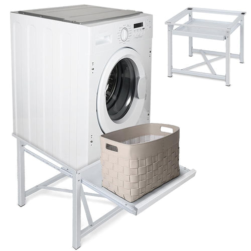 Universal Stahl-Untergestell Waschmaschine mit Auszug - Weiss. Erhöht Waschmaschine für rückenschonendes Be- & Entladen.