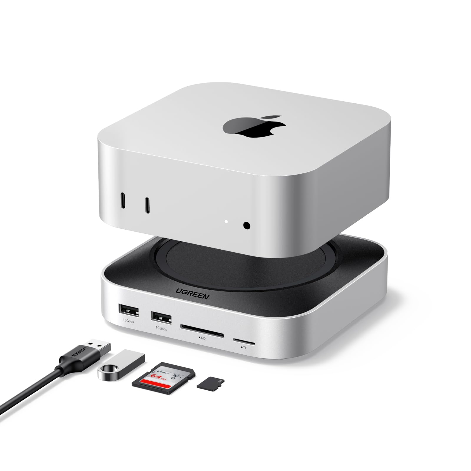 UGREEN Mac mini M4 Dock - DP 4K@240Hz, SSD & Dual-Monitor. Flaches, raumgraues Design. Erweitert Mac mini um SSD und Dual-Monitor.