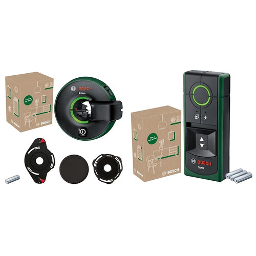 Bosch Atino Linienlaser & Truvo Ortungsgerät Set - 2. Generation. Blau/schwarzes Set: Linienlaser (rote Linie) und Ortungsgerät (Display) zur präzisen Ausrichtung und sicheren Ortung.