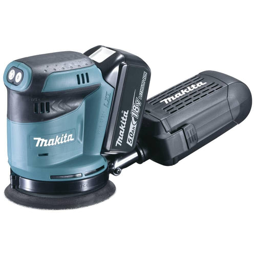 Makita DBO180RTJ Akku Exzenterschleifer 125mm Makpac 2x 5.0 Ah. Blau-schwarzes Gehäuse. Schleift Holz und Metall fein.