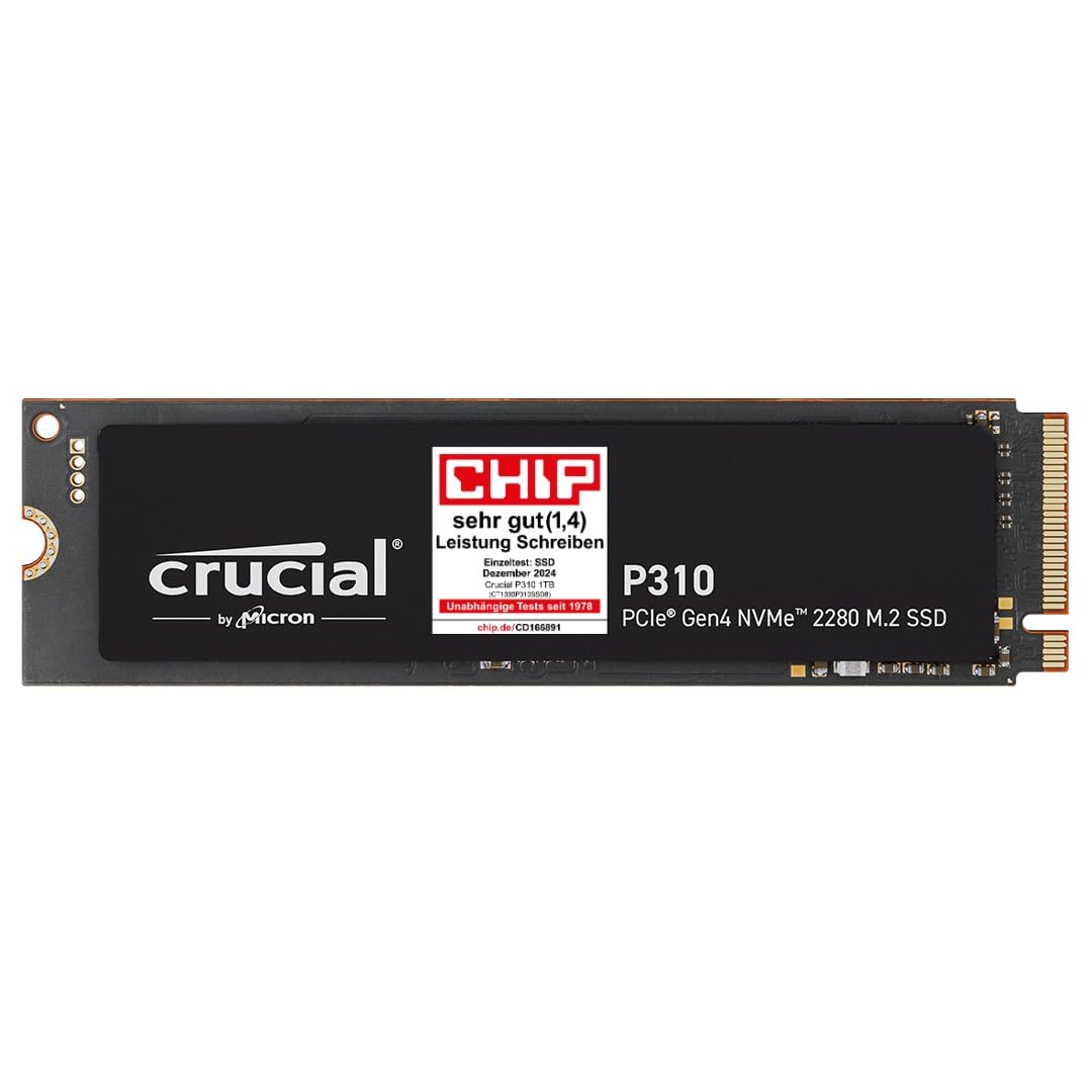 Crucial P310 SSD 1TB M.2 NVMe PCIe Gen4 Interne Speicher. Rechteckige schwarze M.2 Platine zur schnellen Datenspeicherung.
