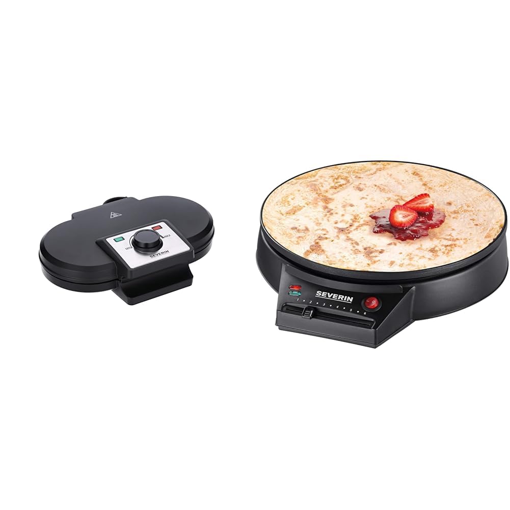 SEVERIN Duo Waffeleisen WA 2106 & Crêpes CM 2198 Set Schwarz. Schwarze Küchengeräte zur Zubereitung von Waffeln und Crêpes.