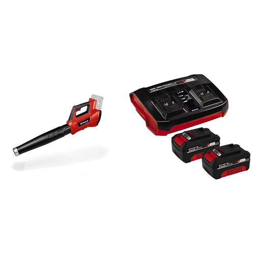 Einhell GE-LB 36/210 Li E Akku-Laubbläser – Inkl. 2x 4.0 Ah Akkus. Rot-schwarzes Gerät mit Blasrohr, entfernt Laub.