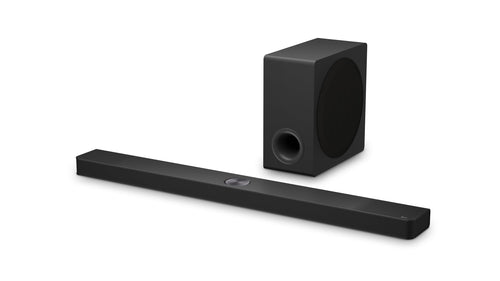 LG DS90TY 5.1.3 Dolby Atmos Soundbar mit Subwoofer, Schwarz. Schwarze Soundbar und Subwoofer für raumfüllenden Dolby Atmos Heimkino-Klang.