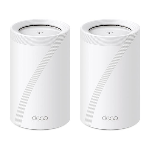 TP-Link Deco BE65 Wi-Fi 7 Tri-Band Mesh WLAN Set - 2er-Pack: Zwei weiße Zylinder für nahtloses Wi-Fi 7 Tri-Band Mesh-WLAN.