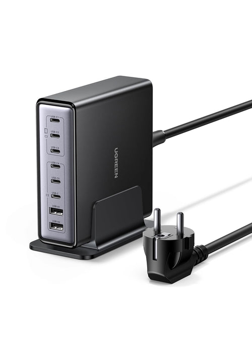 UGREEN 200W GaN USB C Ladestation - 8-Port Desktop PD Netzteil. Rechteckiges, schwarzes Gerät. Lädt mehrere Endgeräte gleichzeitig via USB C mit Power Delivery.