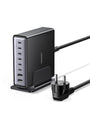 UGREEN 200W GaN USB C Ladestation - 8-Port Desktop PD Netzteil. Rechteckiges, schwarzes Gerät. Lädt mehrere Endgeräte gleichzeitig via USB C mit Power Delivery.