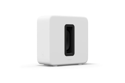 Sonos Sub 4 WLAN-Subwoofer für Bass-Erweiterung - Weiss. Ein weißer, quaderförmiger Subwoofer zur kabellosen Tiefton-Ergänzung von Audiosystemen.