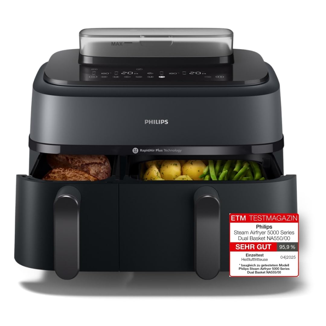 Philips Steam Airfryer 5000 Heissluftfritteuse Dampfgarer 9L 2 Körbe. Rechteckiges, schwarzes Gerät zum fettarmen Frittieren und Dampfgaren.