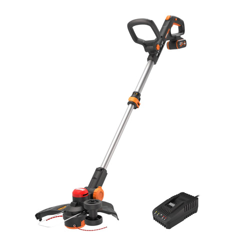 WORX Nitro WG173E Akku Rasentrimmer 20V - 4Ah Akku Set: Orange-schwarzer Trimmer mit langem Stiel zum Schneiden von Rasenkanten.