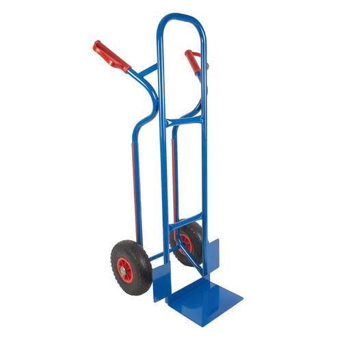 Trestles Profi Sackkarre – 250kg Treppensteiger S04 blau. Blaue Sackkarre mit Ladeschaufel. Transportiert Lasten bis 250kg stufenlos über Treppen.