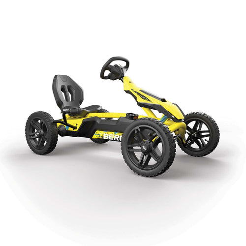BERG Rally DRT Gokart Gelb mit 3 Gängen - Tretfahrzeug. Ein gelbes Gokart, konstruiert als 3-Gang-Tretfahrzeug.