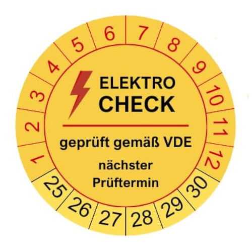 Prüfplaketten Elektrocheck VDE 2024 – 30mm, 1000 Stück. Runde Kennzeichnungsetiketten mit VDE-Aufdruck 2024 für elektrische Prüfungen.