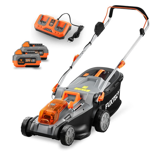 Fuxtec Akku Rasenmäher E2RM43 40V - 43cm Schnittbreite: Kompakter, grüner Akkurasenmäher mit Rädern und klappbarem Griff, mäht Rasen kabellos.