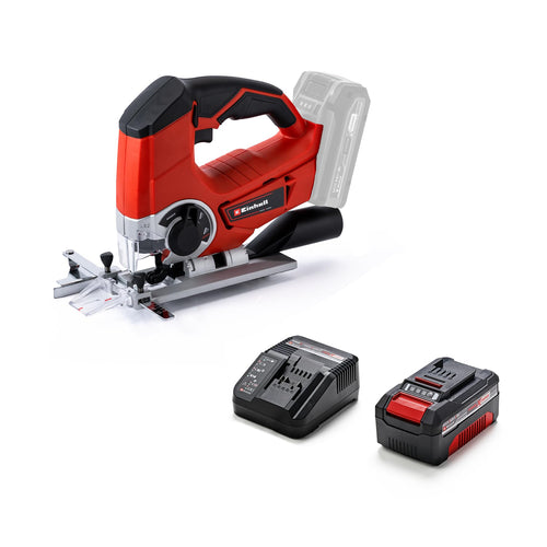 Einhell TE-JS 18 Li Power X-Change Akku-Stichsäge – inkl. Akku & Ladegerät. Rote Stichsäge sägt präzise Holz, Metall.