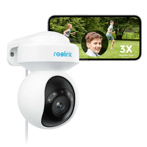 Reolink E1 Outdoor 5MP PTZ WLAN Kamera. Weiße, schwenkbare Kamera zur Personen-/Fahrzeugerkennung und Überwachung von Außenbereichen.