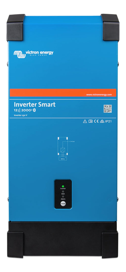 Victron Energy Smart 2000VA Reiner Sinus Wechselrichter 12V: Blaues, rechteckiges Gehäuse. Wandelt 12V DC in 230V reinen Sinus AC.