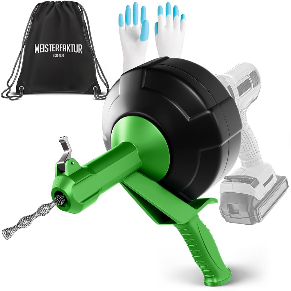 Meisterfaktur Rohrreinigungsspirale - Automatik 15m Bohraufsatz: Metallspirale mit Gehäuse und Bohrkopf reinigt verstopfte Abwasserleitungen.