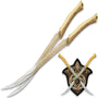 United Cutlery Herr der Ringe Legolas Kampfschwerter UC1372. Zwei weiße, geschwungene Klingen mit verzierten Griffen. Für Kampf/Display.