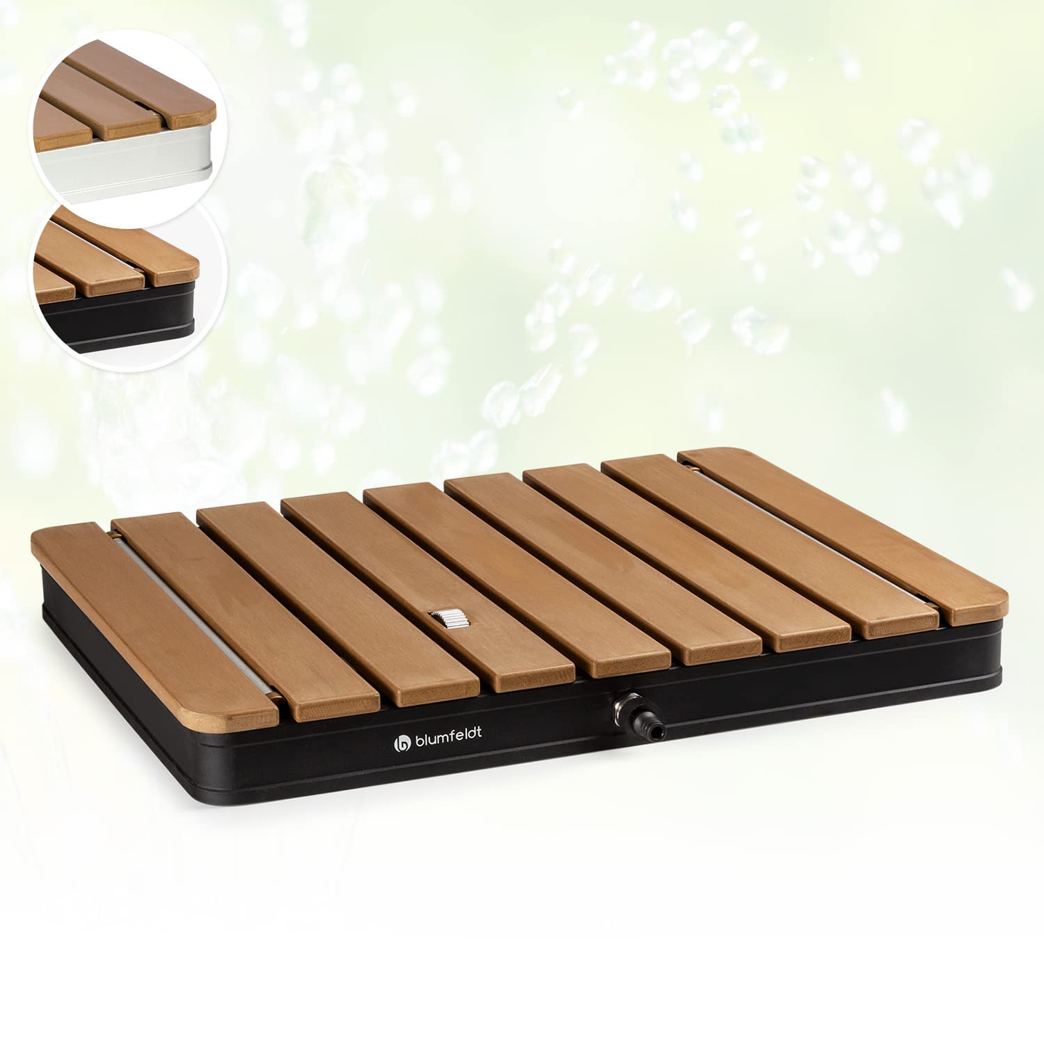blumfeldt Mobile Gartendusche Bodendusche - Holz-Optik, braune Holzoptik-Plattform, sprüht Wasser von unten zur Erfrischung im Garten.