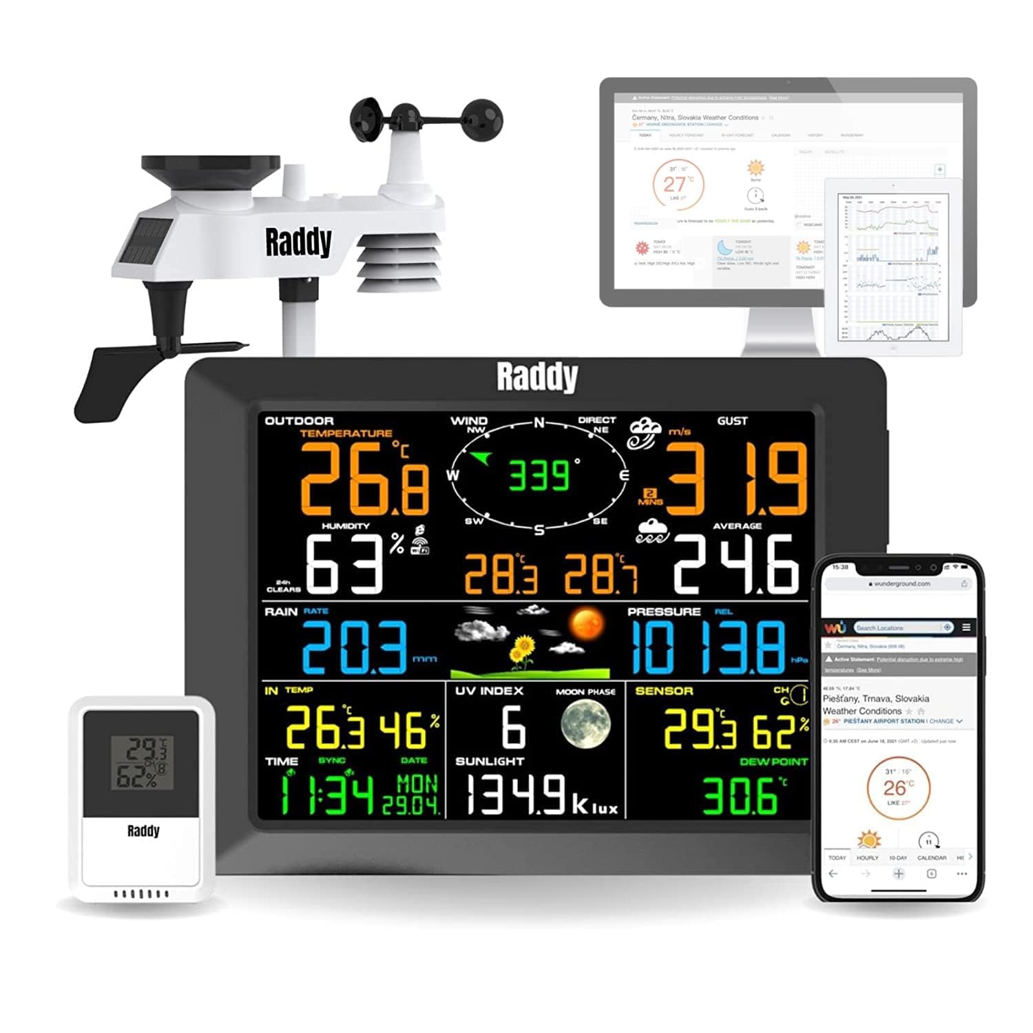 Raddy WF-100C Wetterstation Funk Aussensensor WLAN 8 Zoll mit 8-Zoll-Farbdisplay zur Überwachung von Umgebungsbedingungen über Funk-Außensensor und WLAN.