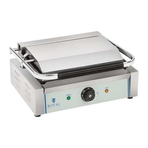 Royal Catering RCKG-2200-G Panini Kontaktgrill Geriffelt. Edelstahl-Grill mit geriffelten Platten zum Pressgrillen von Paninis.