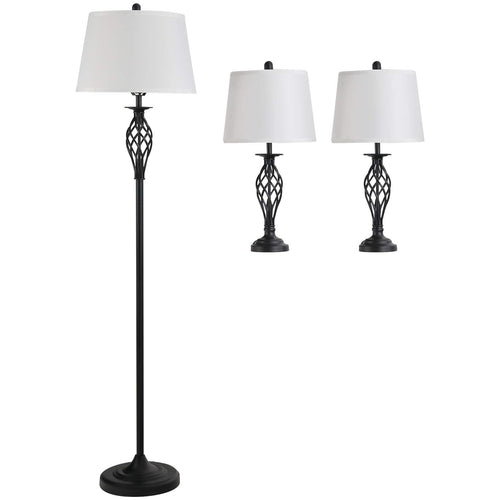 HOMCOM 3er Lampen Set Vintage – 2 Tisch-, 1 Stehlampe Schwarz Weiss. Schwarze und weiße Leuchten im Vintage-Stil zur Ambientebeleuchtung in Wohnräumen.