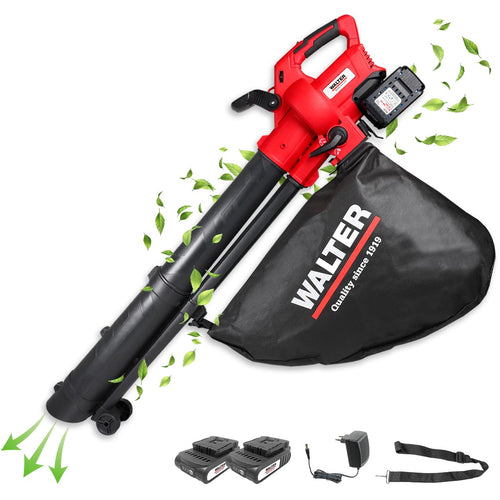 WALTER Professional Li-Ion Akku-Laubbläser & Laubsauger 40V: Schwarzes Handgerät mit Rohr und Fangsack zum Entfernen von Laub.