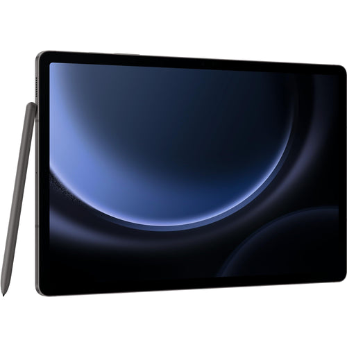Samsung Galaxy Tab S9FE+ Tablet - 5G, 128GB, Grau. Das rechteckige Gerät dient zum Surfen, Streamen und Arbeiten.
