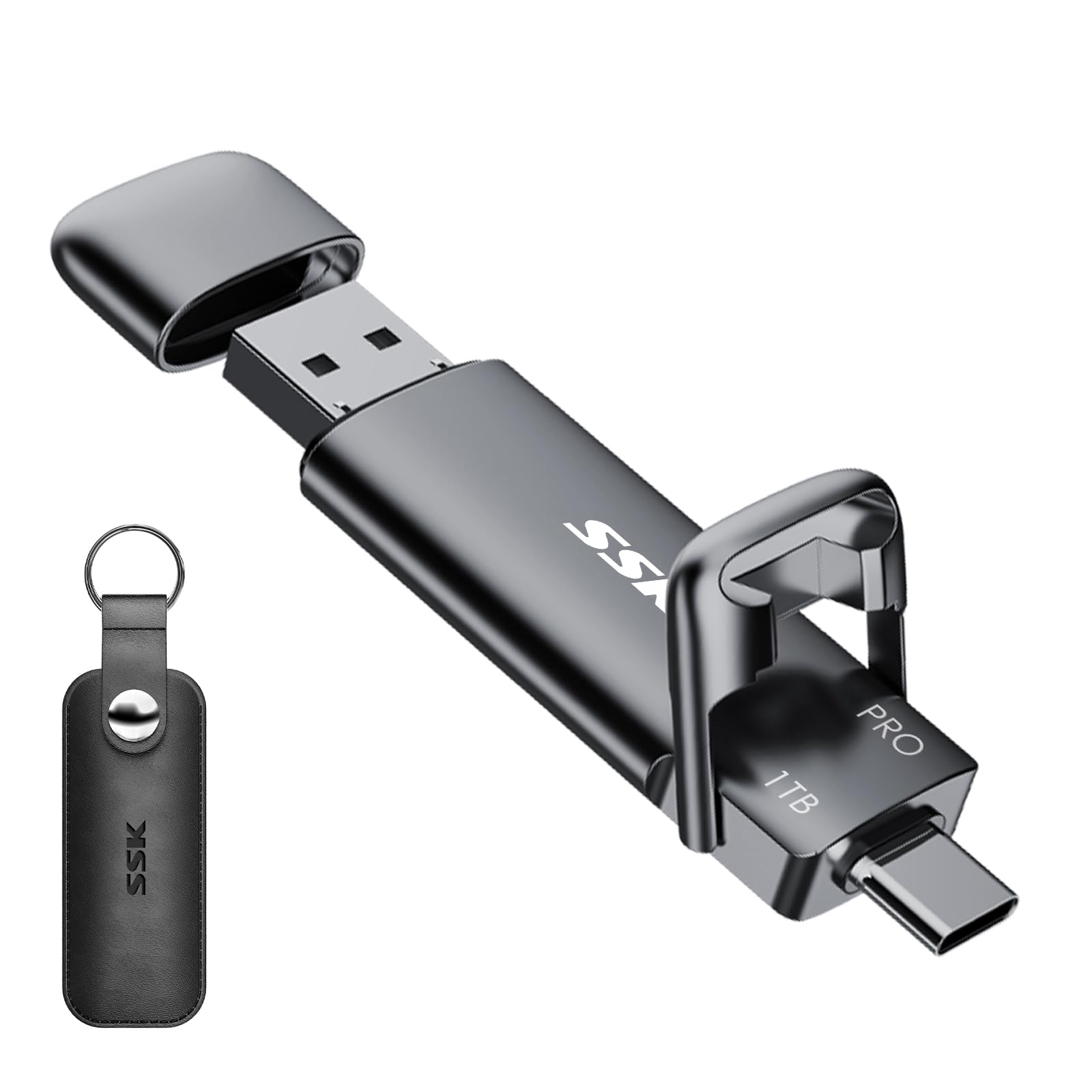 SSK Externe USB C SSD 1TB Portable Speicherplatte - Dual USB C/A. Schwarze, rechteckige SSD zum mobilen Speichern von Daten.