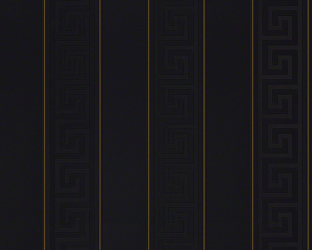 Versace Wallpaper Greek Vliestapete – Metallic Schwarz 93524-4, metallisch schwarze Vliestapete mit griechischem Muster zur Wandgestaltung.