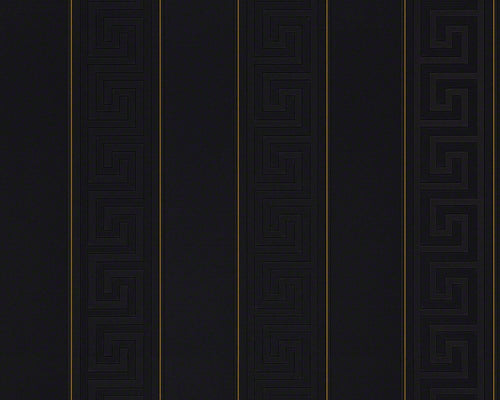 Versace Wallpaper Greek Vliestapete – Metallic Schwarz 93524-4, metallisch schwarze Vliestapete mit griechischem Muster zur Wandgestaltung.