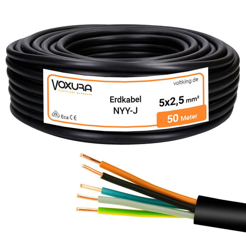 NYY-J Stromkabel 5x2,5 mm² Erdkabel – 50m Ring Aussenverlegung. Schwarzes Rundkabel für feste Verlegung außen/im Erdreich.