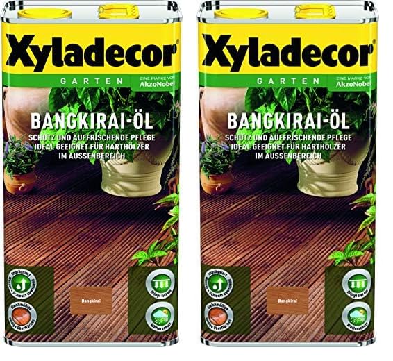 Xyladecor Bangkiraiöl Holzpflegeöl – 5L Doppelpack. Rötlich-braunes Öl pflegt und schützt Bangkiraiholz im Außenbereich.